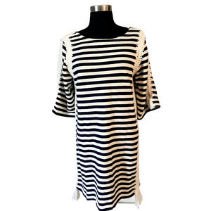 PEPIN Women's Anthropologie Breton Navy and Cream Striped Crochet Dress SZ M